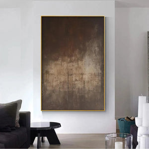 Javier Ramirez's Dark Brown Textured Abstract painting. Modern minimalist artwork in deep brown with gold frame.