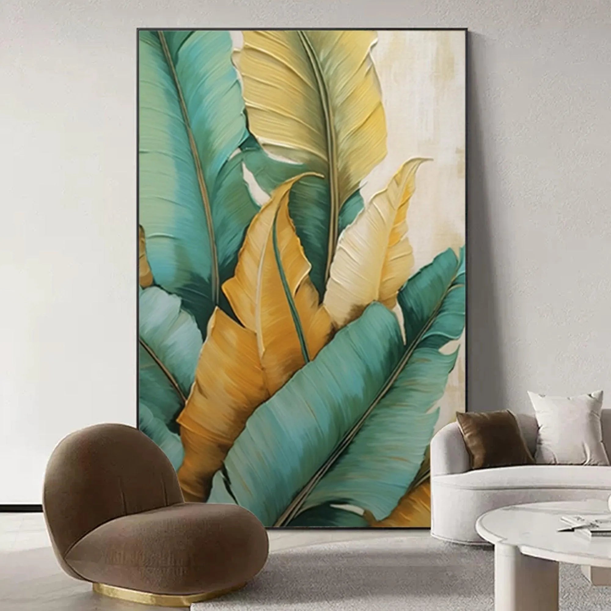 TROPICAL ABUNDANCE: Textured Tropical Leaves Painting, Green and Gold Wall Art, Vertical Canvas, Botanical Decor