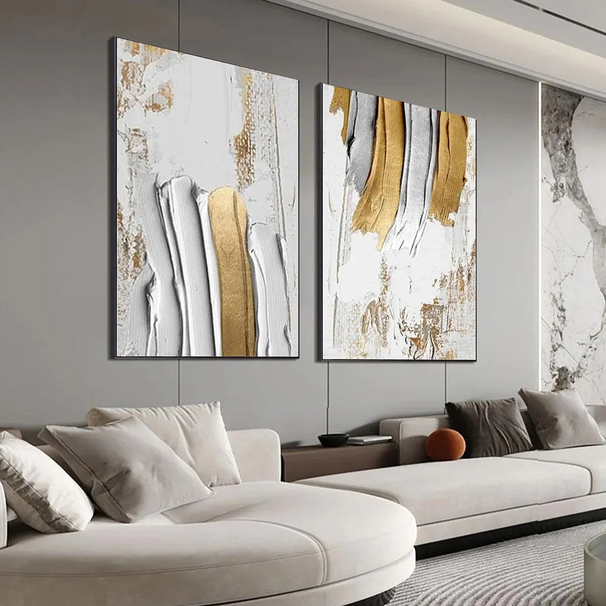 GOLDEN LINES DIPTYCH: Textured Abstract Painting Set of 2, Vertical Wall Art