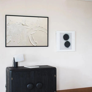 Liam O'Connell white textured abstract art, black framed, modern Wabi Sabi style living room, minimalist decor.