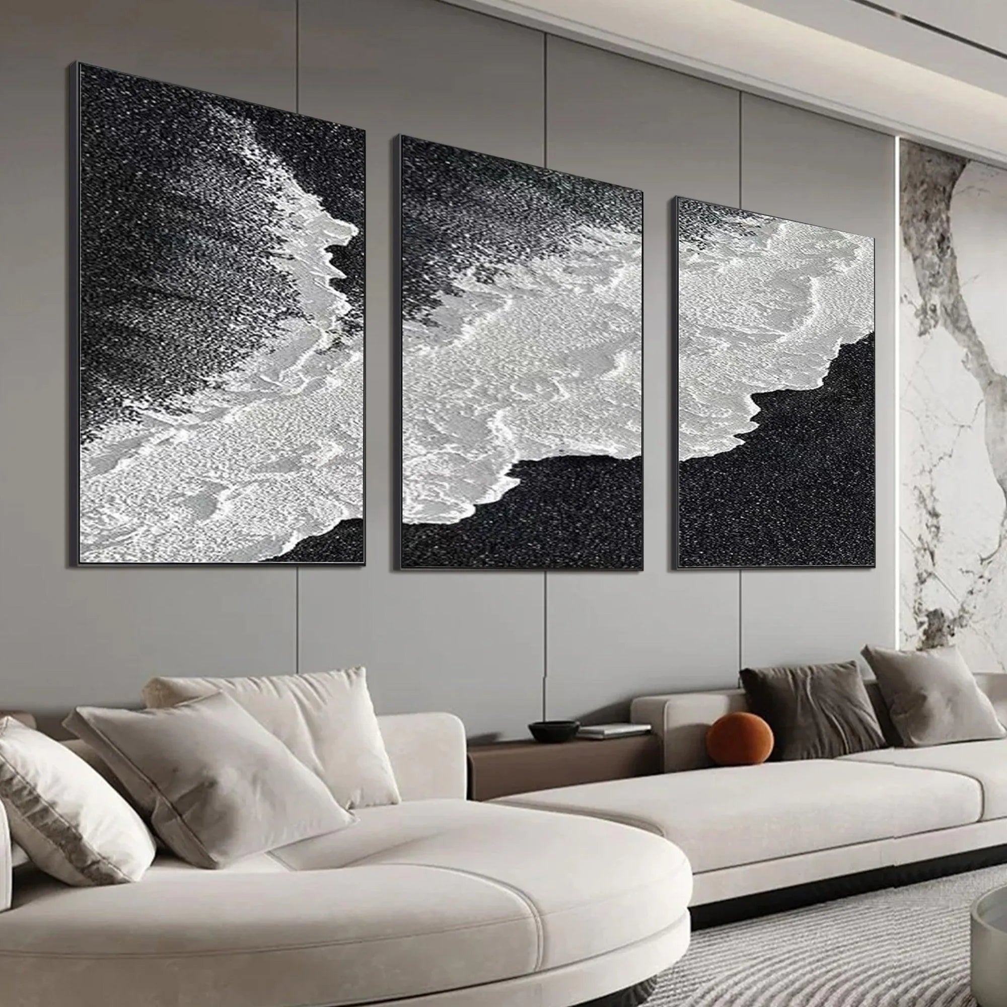 BLACK & WHITE OCEAN TRIPTYCH: Abstract Ocean Painting Set of 3, Vertical Wall Art