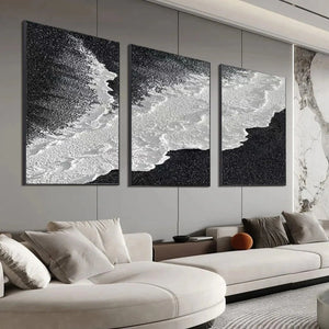 Abstract ocean triptych art by Liam O'Connell, black and white waves on canvas, modern vertical wall decor