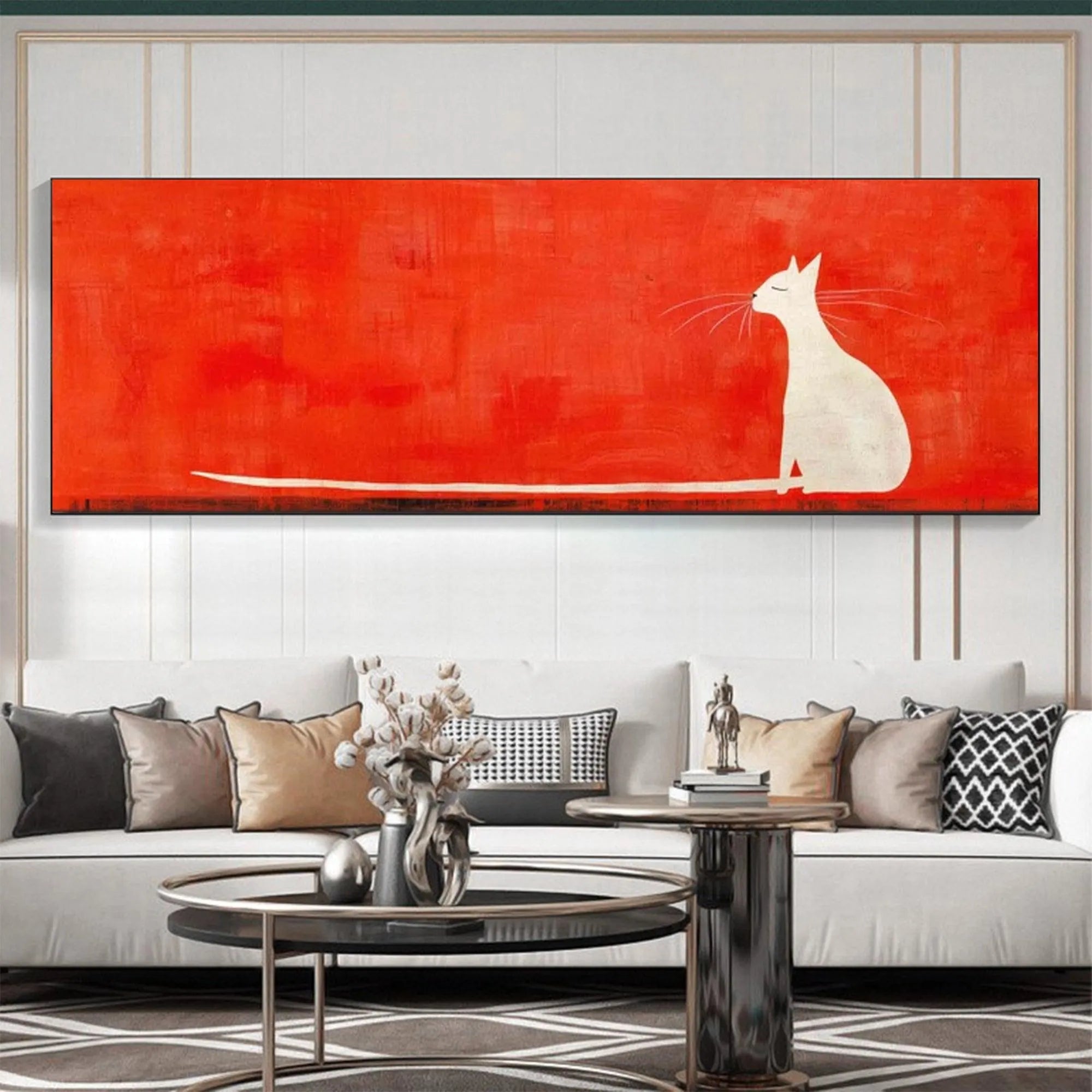 MINIMALIST CAT ON RED PANORAMIC: Cat Painting, Panoramic Wall Art, Minimalist Decor