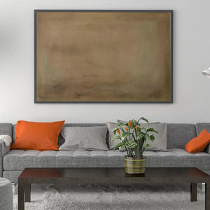 Liam O'Connell's Earthy Minimalist Landscape painting above a gray sofa, brown abstract art for modern decor