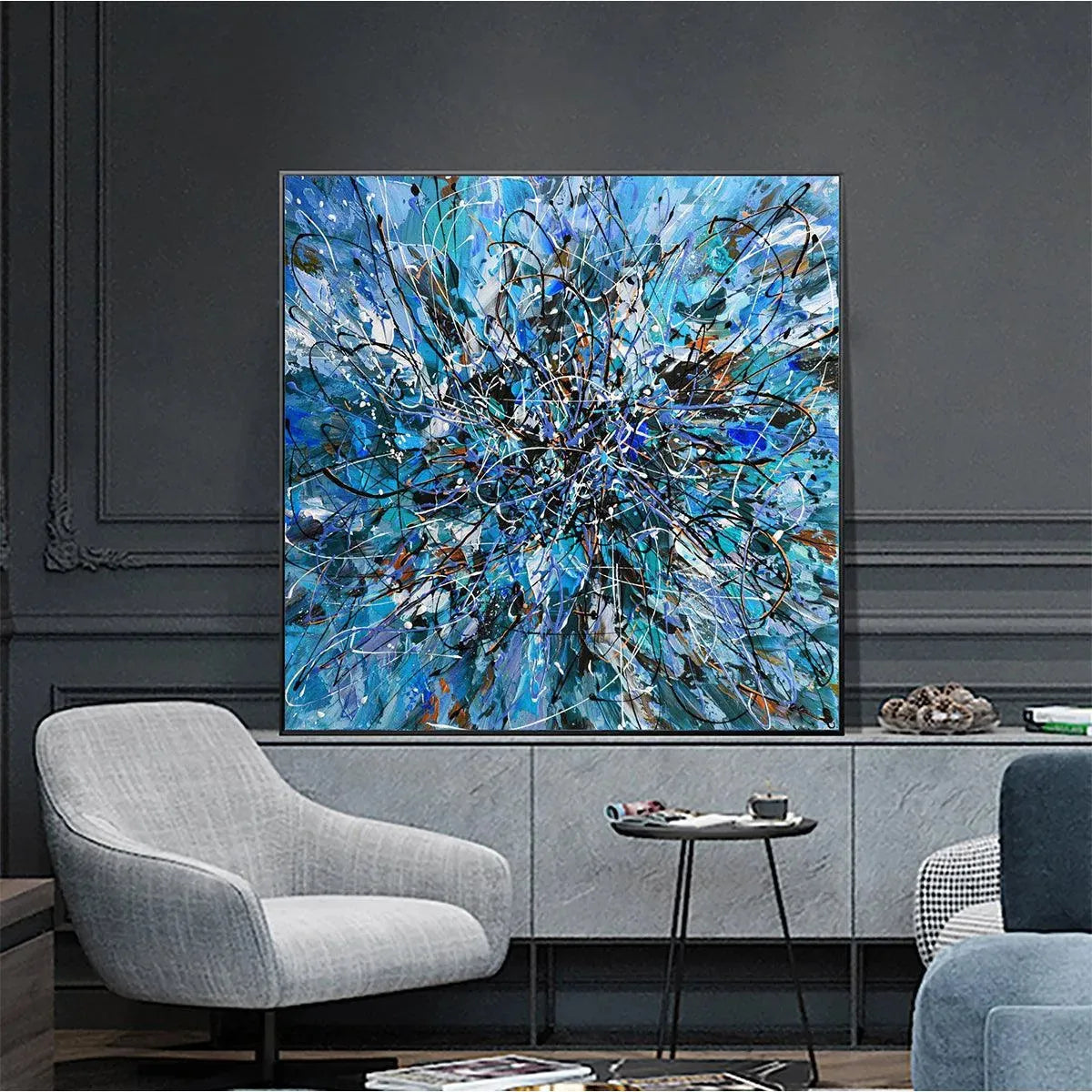 Azure Exploration: Abstract Blue and Black Oil Painting on Canvas