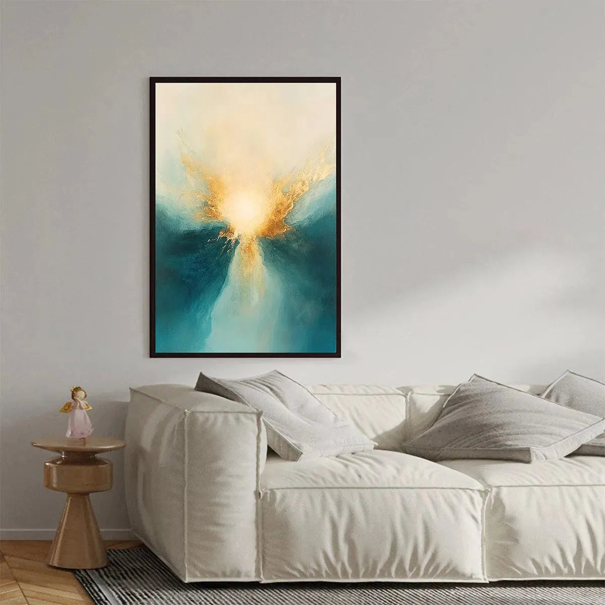 Golden Abyss: Abstract Teal and Gold Oil Painting on Canvas