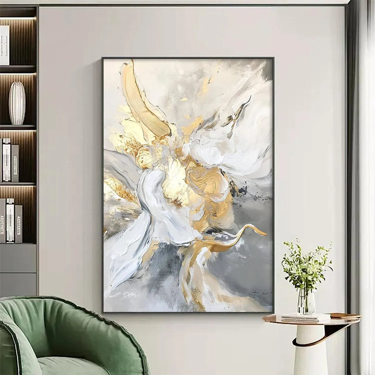 ETHEREAL GOLD: Abstract White, Grey and Gold Oil Painting