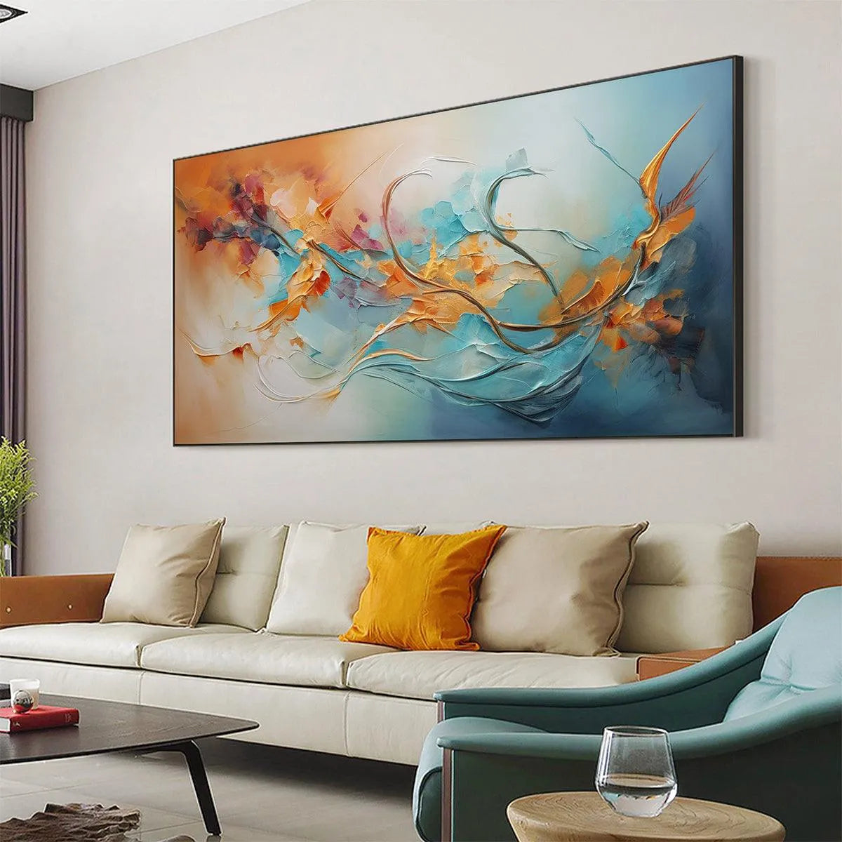 SERENE DAWN: Panoramic Abstract Teal and Gold Oil Painting