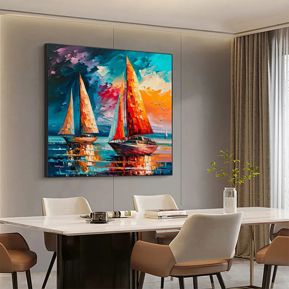 EVENING SAIL: Square Sailboat Painting, Colorful Sunset