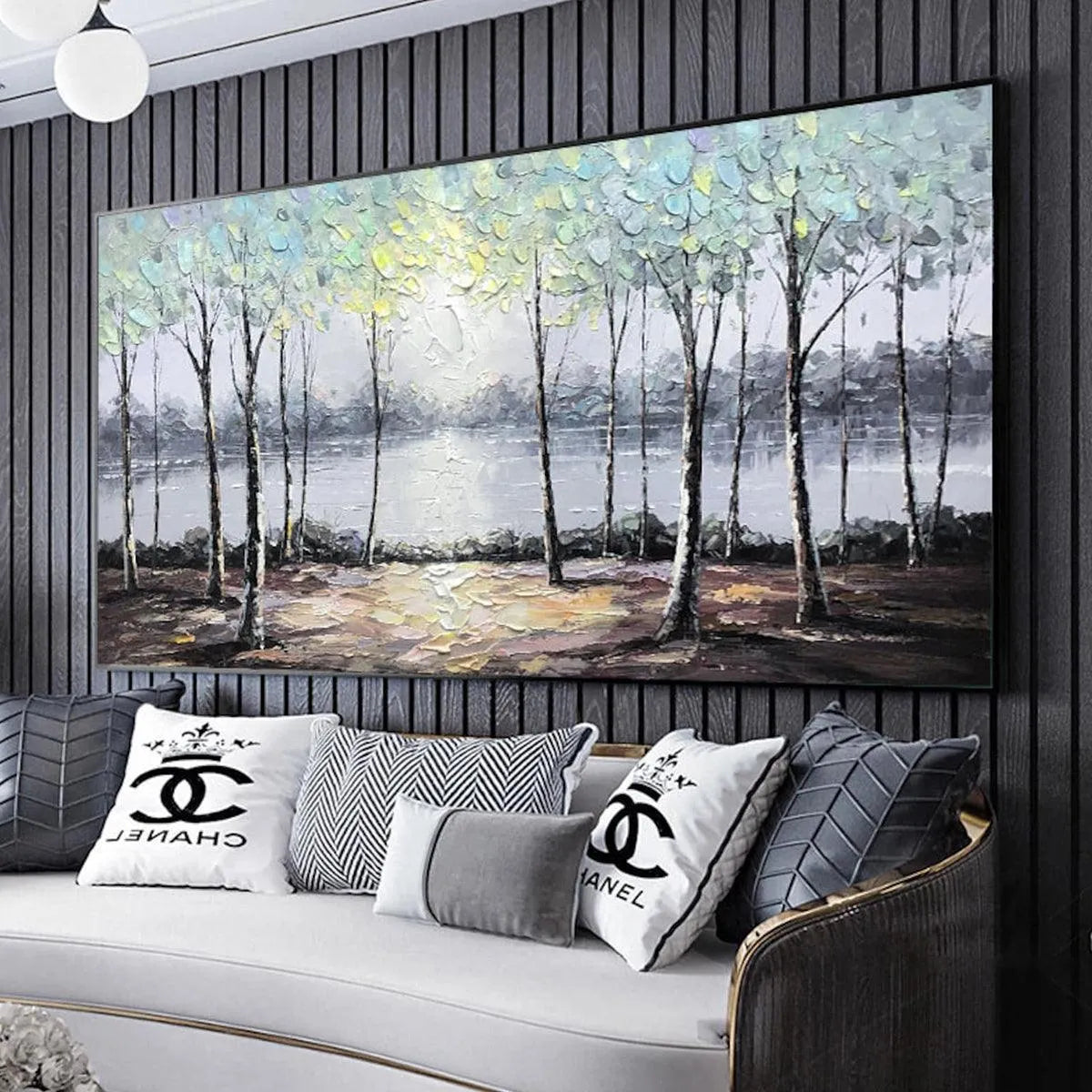 SERENE WATERS: Panoramic Landscape Painting, Textured Trees and Lake