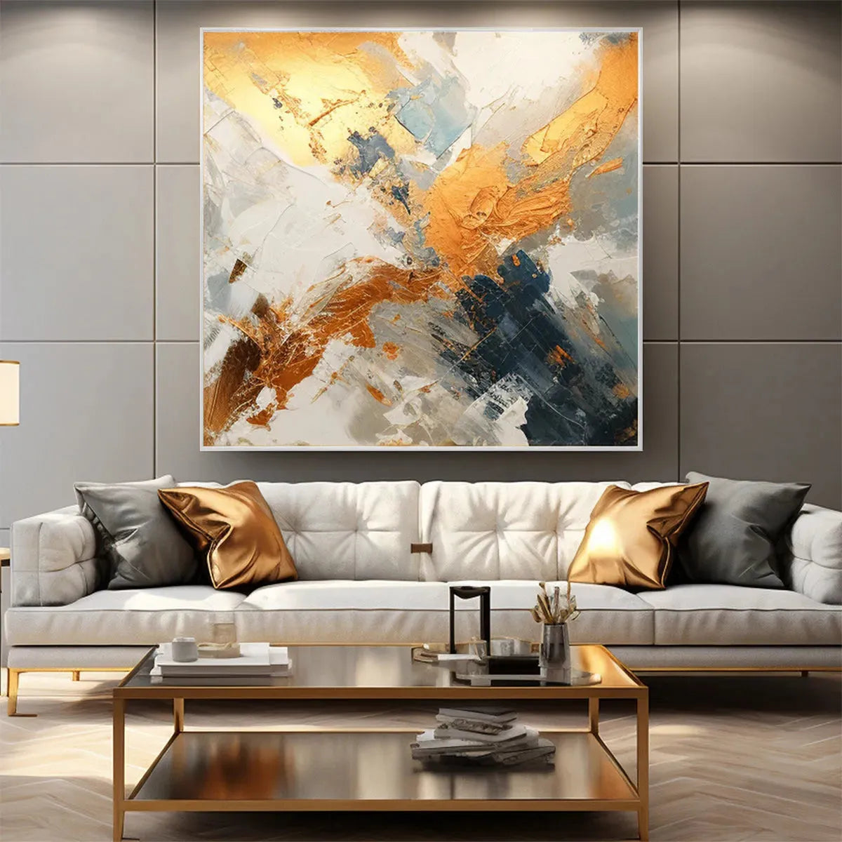 GILDED CONFLUENCE: Square Abstract Oil Painting with Gold, and Grey