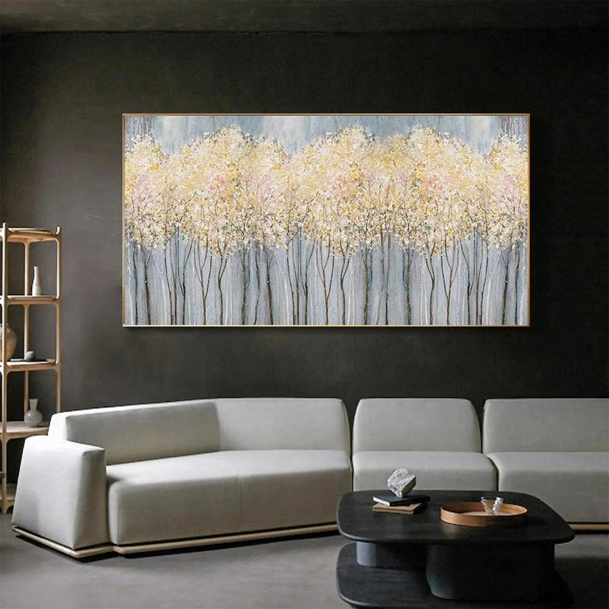 GOLDEN HAZE: Panoramic Landscape Painting, Textured Trees