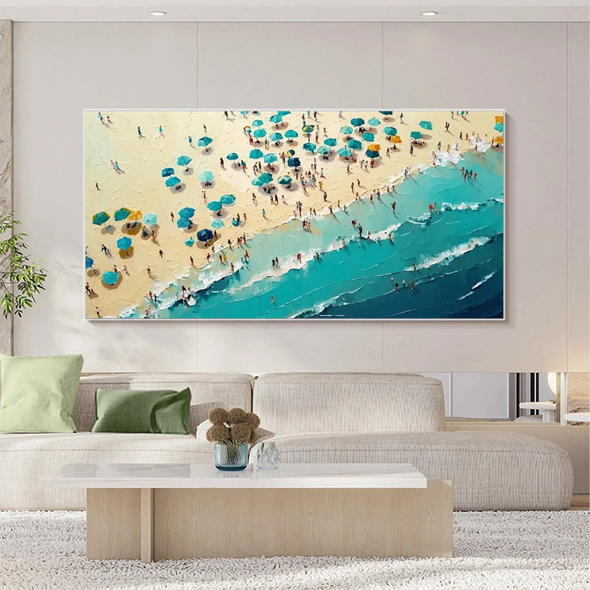 SUMMER AFTERNOON: Beach Scene Oil Painting with Beach Umbrellas