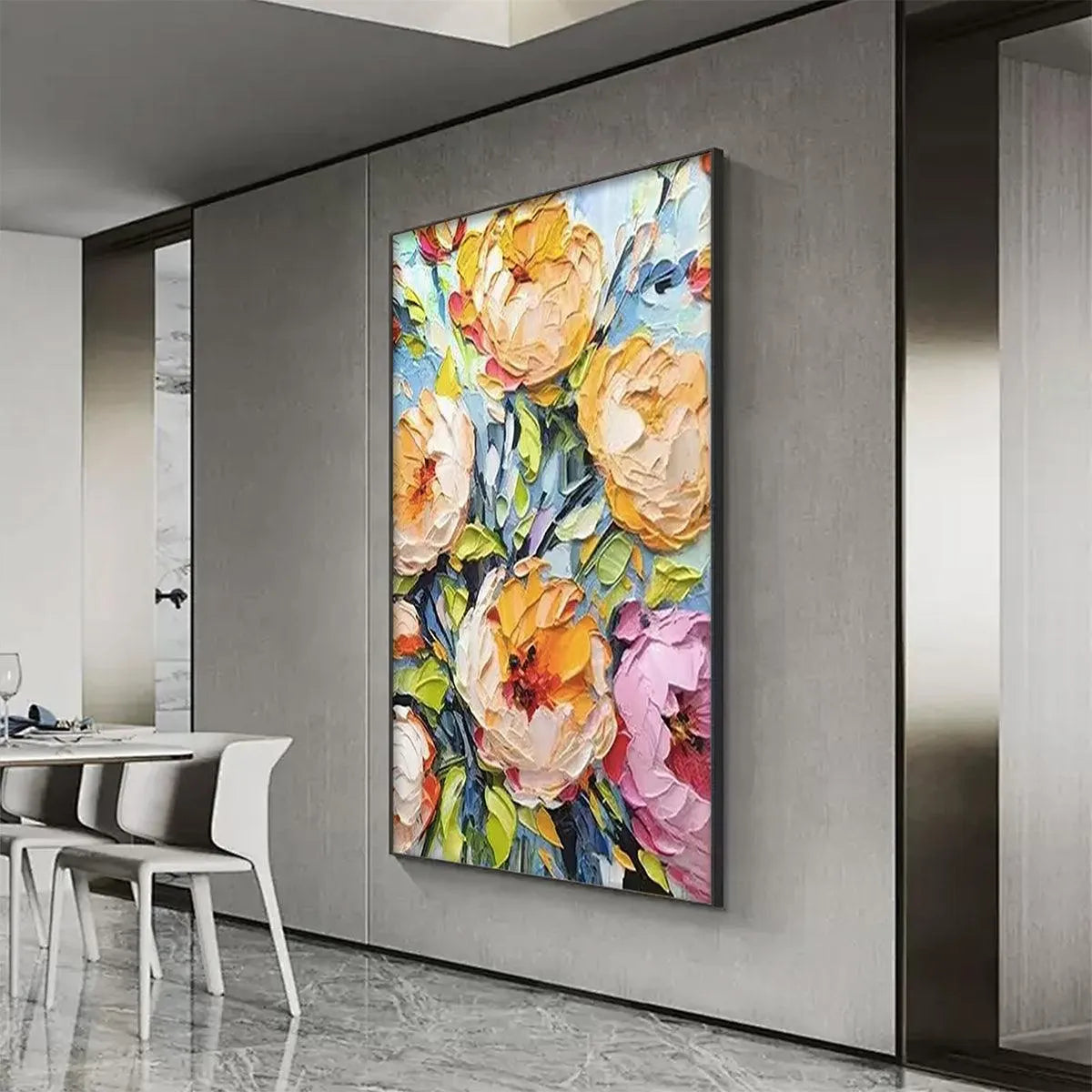 SUMMER BLOOM: Textured Impasto Floral Painting in Yellow and Pink for Living Room