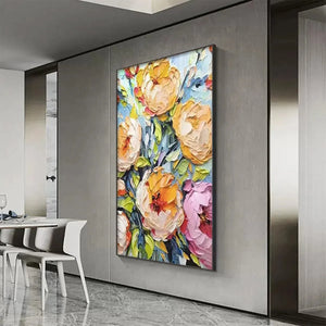 Summer Bloom floral impasto painting by Elodie Dubois. Yellow, peach, pink flowers on canvas, ready to hang.