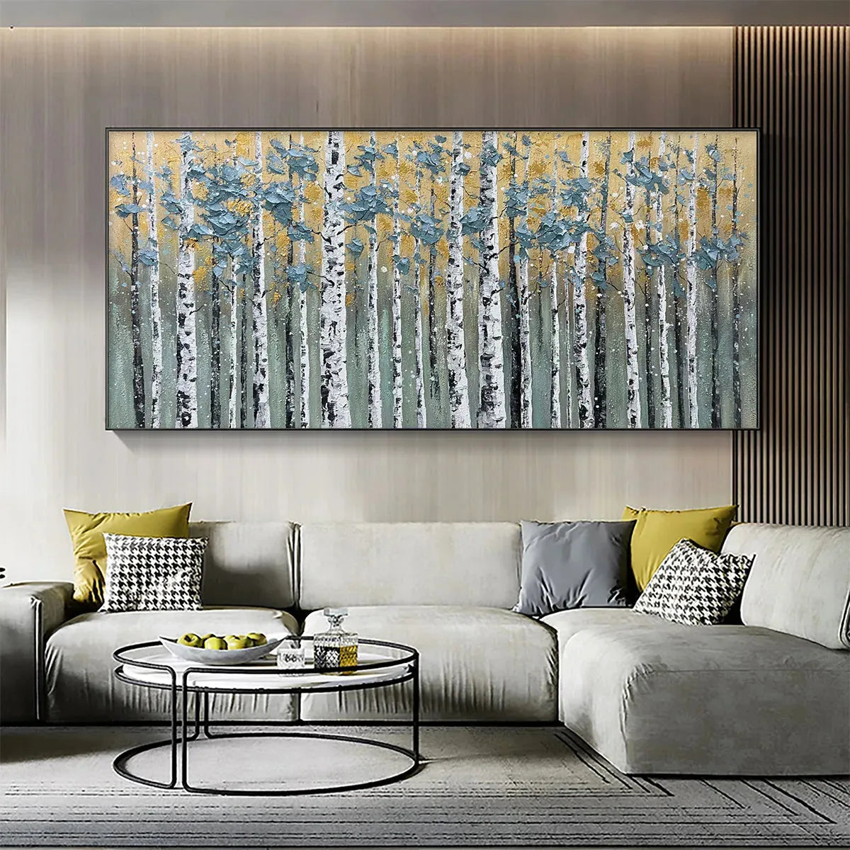 GOLDEN BIRCH GROVE: Textured Birch Tree Painting, Gold and Green Wall Art, Horizontal Canvas, Forest Decor