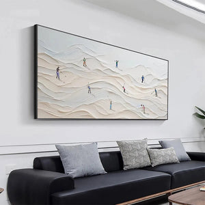 Liam O'Connell's Fairway Vista abstract impasto painting with miniature golfers on textured dunes, lifestyle setting.