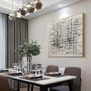 WOVEN LINES abstract painting, black lines on white textured canvas, gold frame, modern art. Dining room decor.