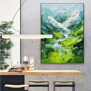 Emerald Valley painting by Willow Davies, abstract green and blue mountain landscape, framed artwork, modern home decor