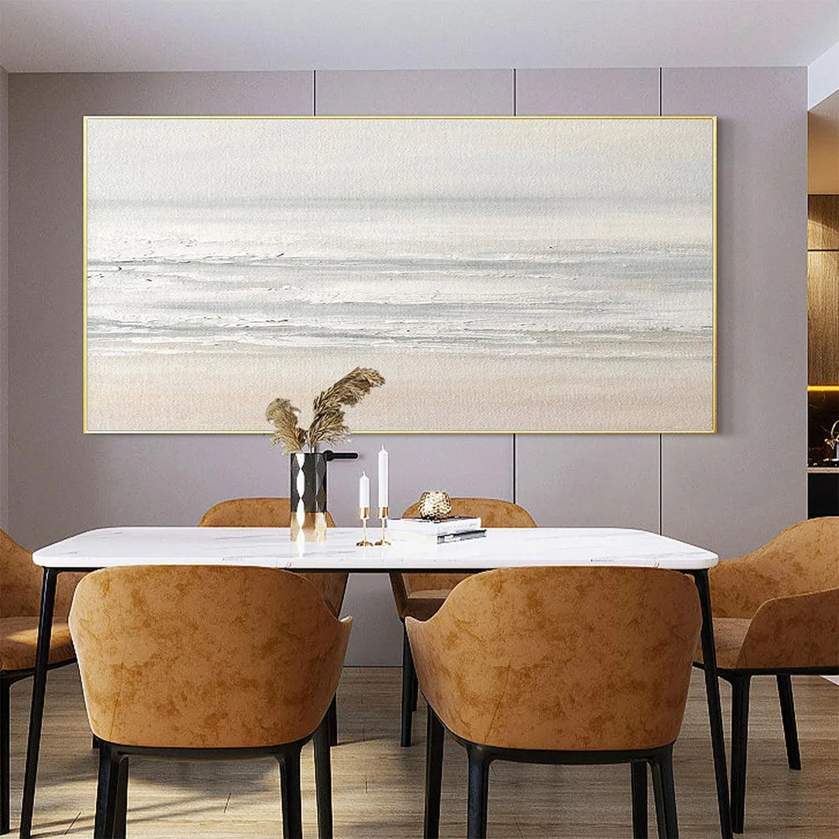 TRANQUIL COAST: Minimalist Coastal Landscape Painting in Neutral Tones