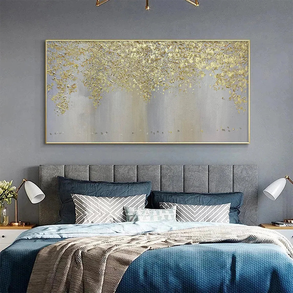 GOLDEN DRIZZLE: Gold Leaf Abstract Painting, Grey and Gold Wall Art, Horizontal Canvas, Modern Decor