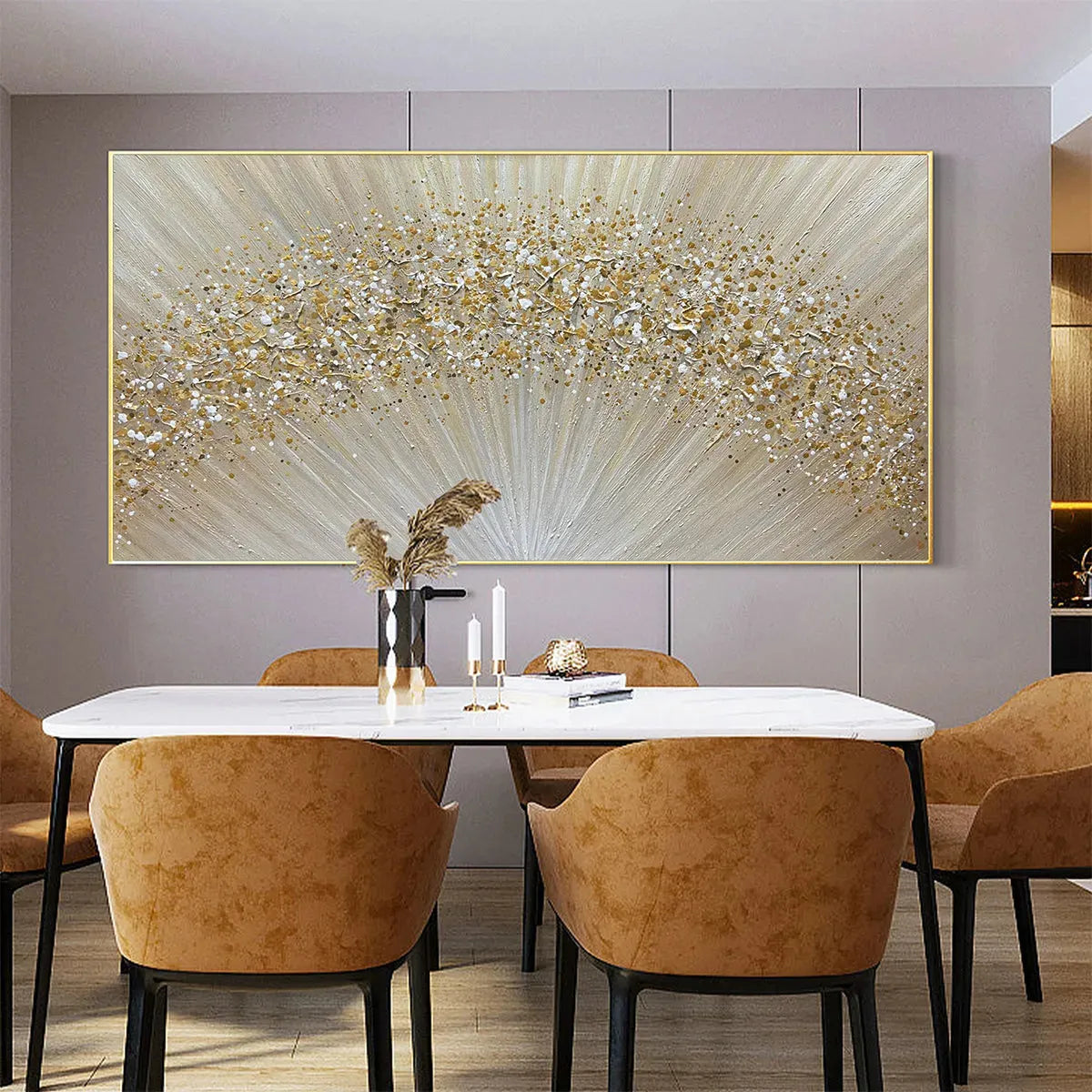 GOLDEN AURORA: Abstract Painting in Gold and Beige, Horizontal Canvas, Modern Wall Art