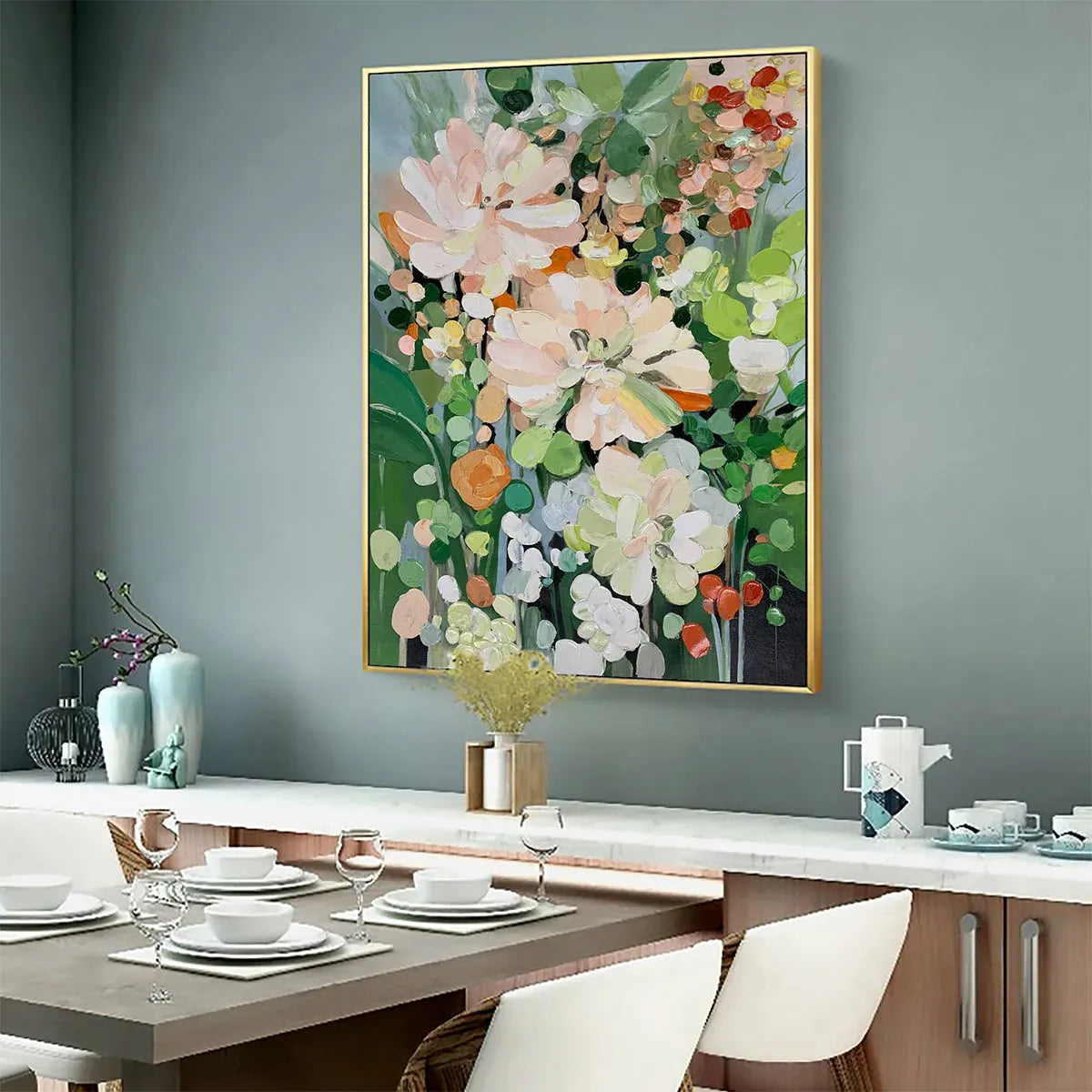 BLUSHING BLOOMS: Textured Floral Painting, Impasto Palette Knife, Vertical Canvas, Modern Floral Wall Art