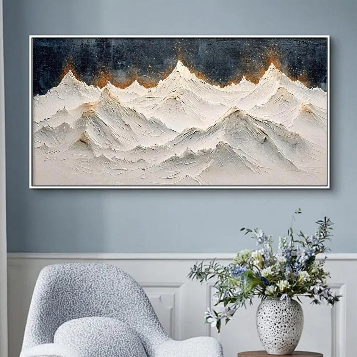 SNOWY PEAKS: Textured White and Gold Mountain Painting for Living Room