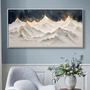 SNOWY PEAKS textured white and gold mountain range painting by Liam O'Connell, framed art for living room decor