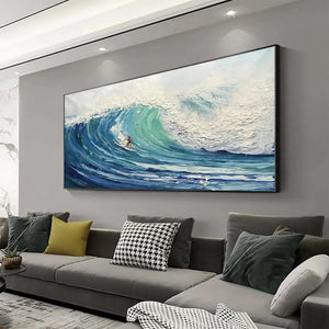 Emerald Surge painting by Liam O'Connell: surfer on a blue and green ocean wave. Framed coastal art for living room decor.