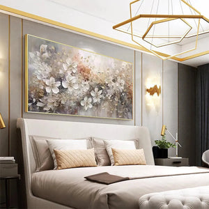 Whispering Blossoms impasto painting by Elodie Dubois in a bedroom setting, white and beige floral details, gold frame