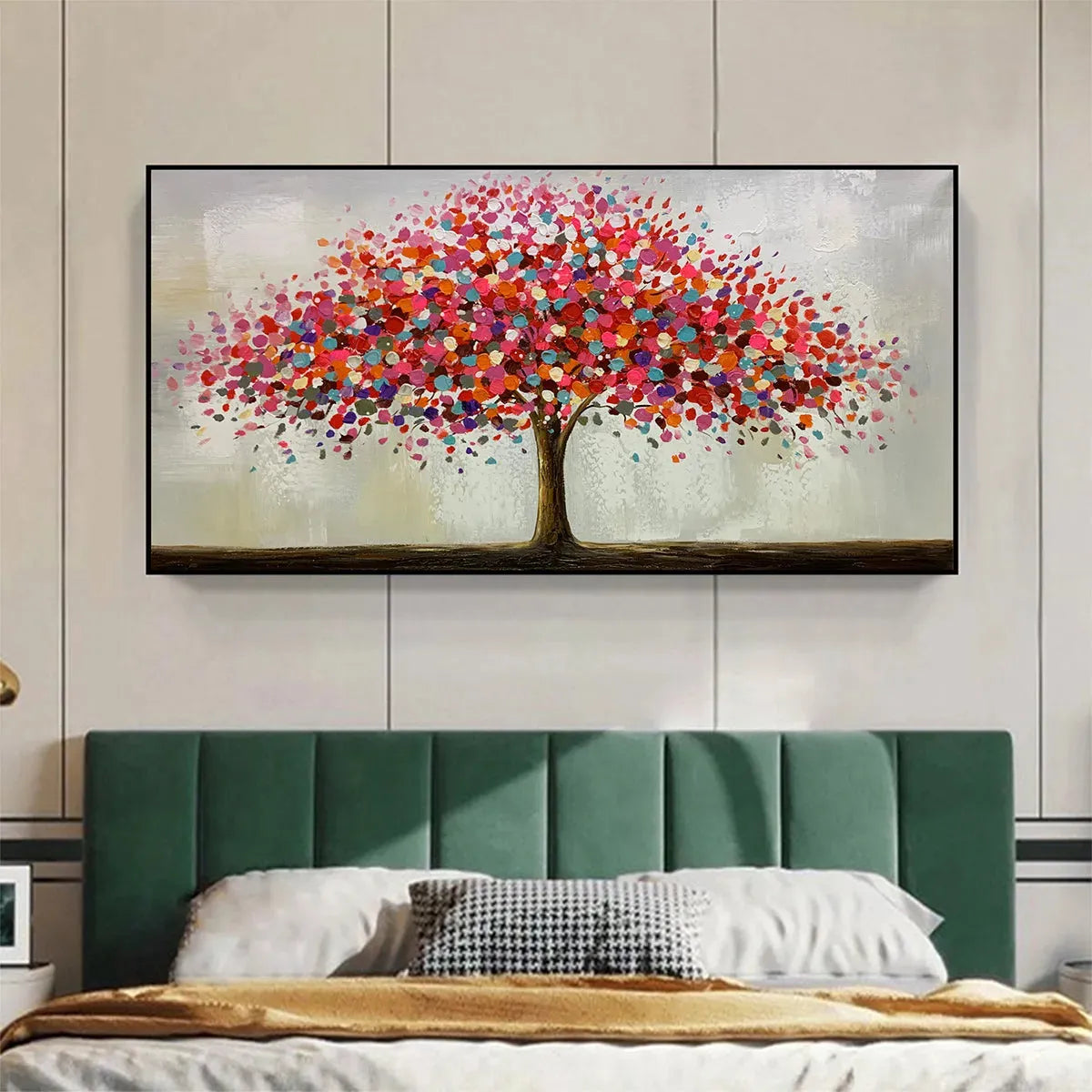 JEWEL TREE: Colorful Abstract Tree Painting, Impasto Texture, Horizontal Canvas, Modern Wall Art