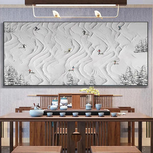 SNOWY CARVE painting by Liam O'Connell. Skiers on white snowy slopes. Winter landscape artwork for modern wall art.