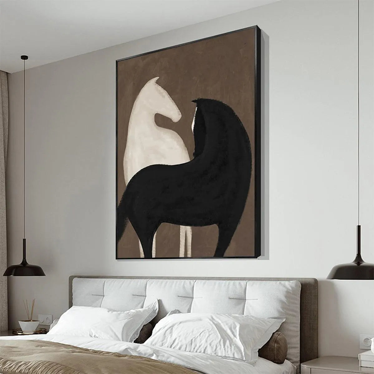 TWO HORSES ON BROWN: Minimalist Horse Painting, Vertical Wall Art