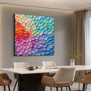 RAINBOW BURST painting by Isabella Rossi, impasto textured abstract art in rainbow colors on square canvas, for modern decor
