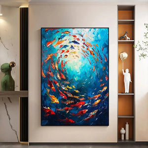 CORAL REEF DANCE painting by Yan Nan Li: Colorful fish artwork with dynamic movement and vibrant colors.