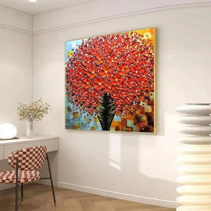 Crimson Bouquet textured impasto red floral oil painting in black vase displayed in modern white interior.