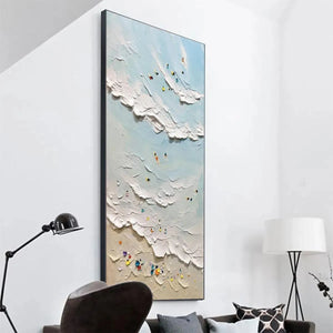 Willow Davies' Summer Beach textured painting: beach scene with surfers and swimmers, vertical artwork.