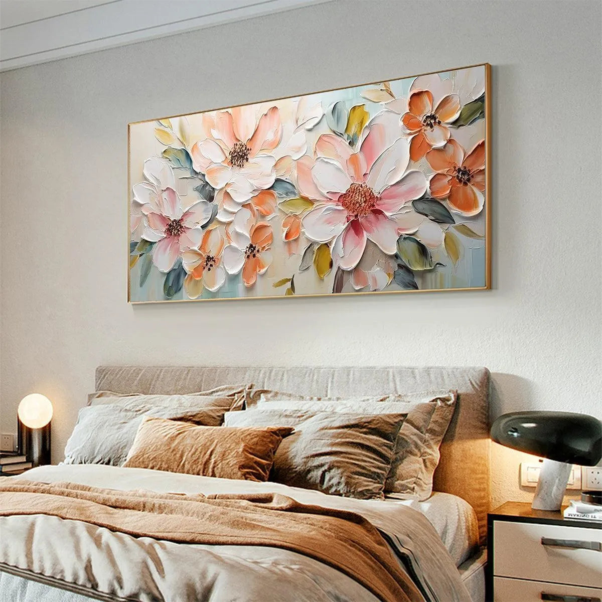 PEACH BLOSSOM: Textured Impasto Floral Painting in Peach and White