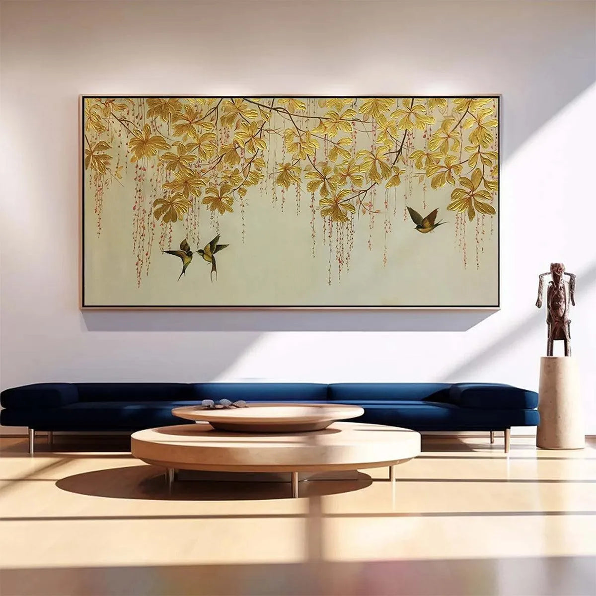 GOLDEN GARDEN: Panoramic Golden Leaf and Bird Painting | Asian Art