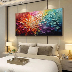Rainbow Petals impasto floral painting by Willow Davies. Modern rainbow abstract art for bedroom decor. Textured artwork.