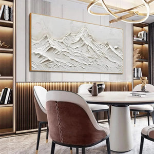 Javier Ramirez's White Mountains painting, white textured minimalist art, framed, modern home decor, above dining table