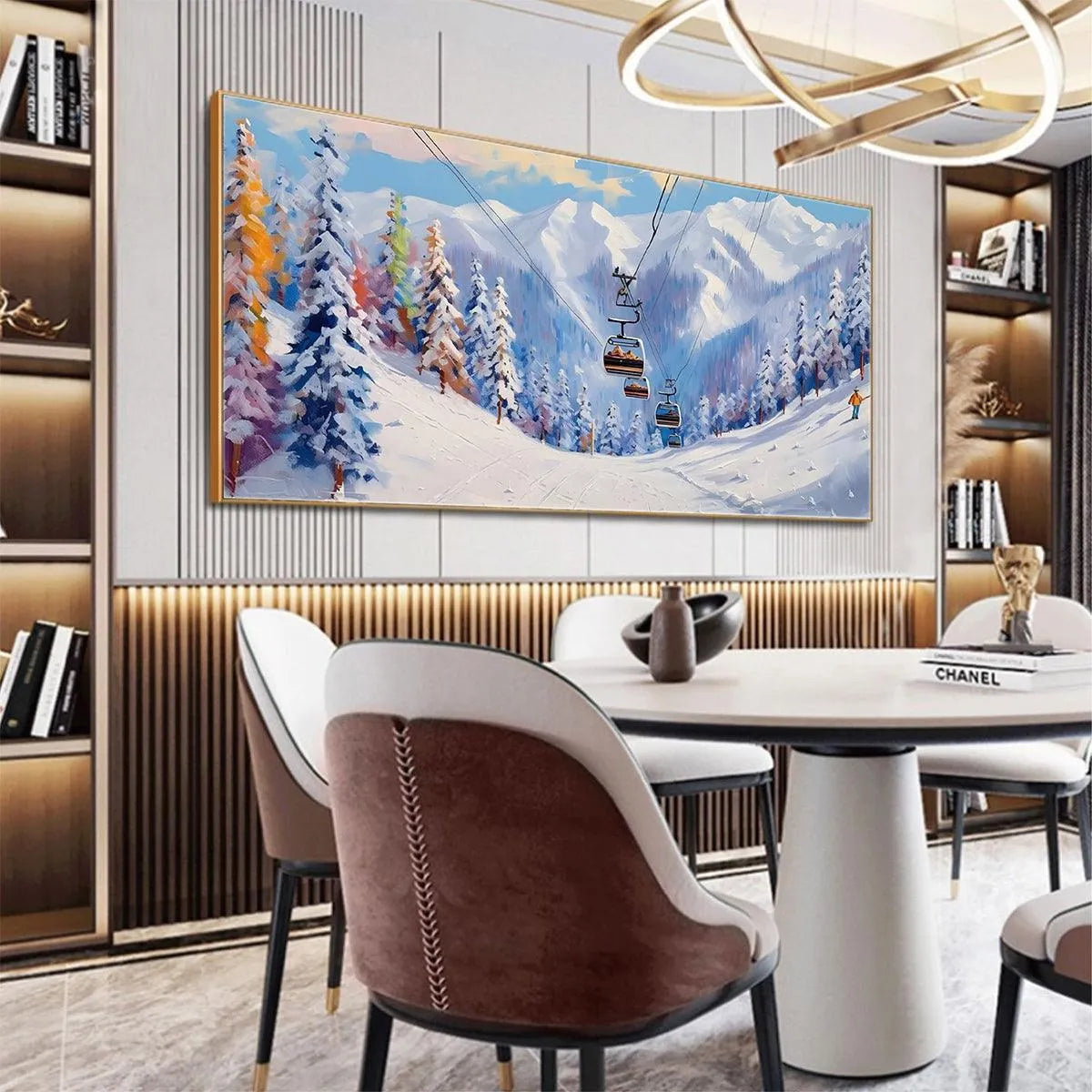 SNOWY SLOPES: Panoramic Ski Resort Landscape Painting