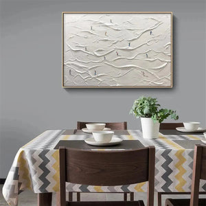 White Greens golf painting by Liam O'Connell: Miniature golfers on a textured white impasto landscape. Modern art.