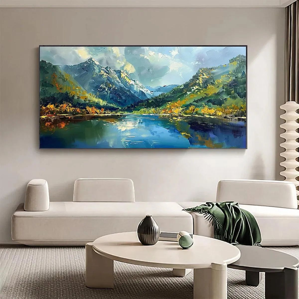 ALPINE REFLECTION: Panoramic Landscape Painting of a Mountain Lake