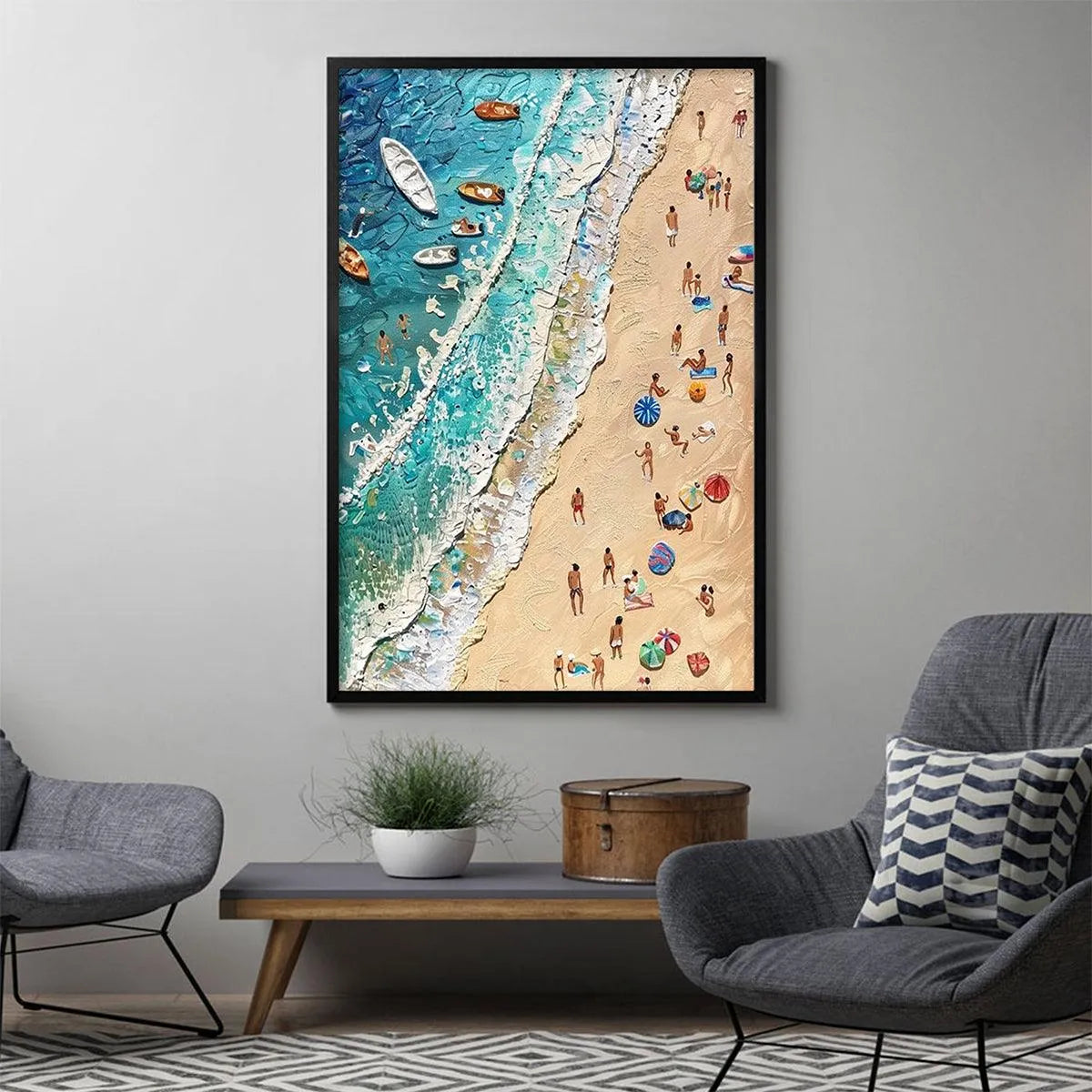 SUN-KISSED SHORES: Textured Beach Scene Painting with Figures