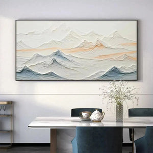 Chen Liu 'Tranquil Peaks' abstract mountain landscape painting, textured beige, blue, orange hues, framed, home decor