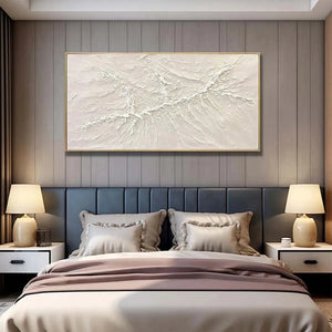WHITE SANDS painting by Javier Ramirez, white textured abstract art, gold frame, bedroom decor.