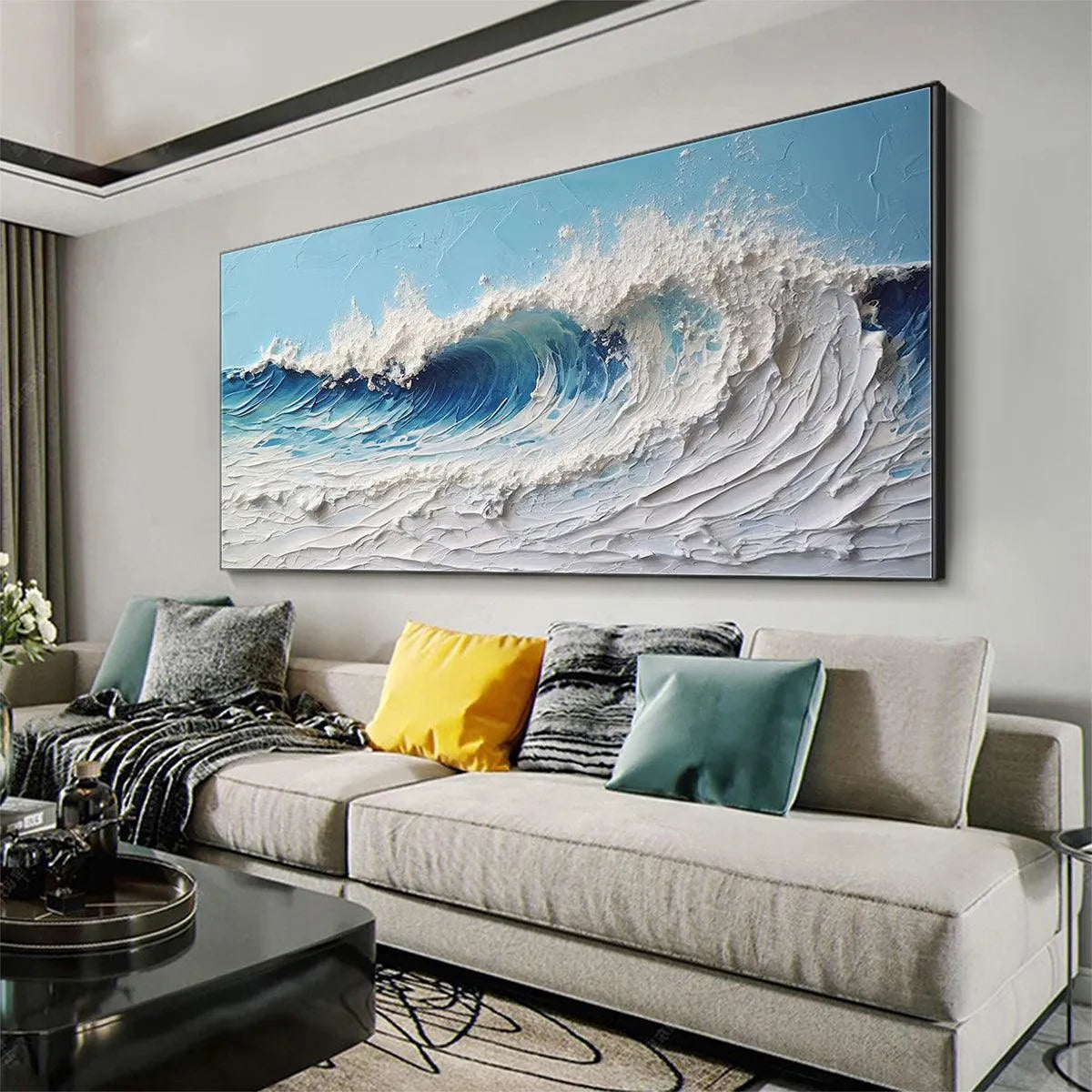 CRESTING WAVE: Textured Abstract Ocean Wave Painting in Blue and White