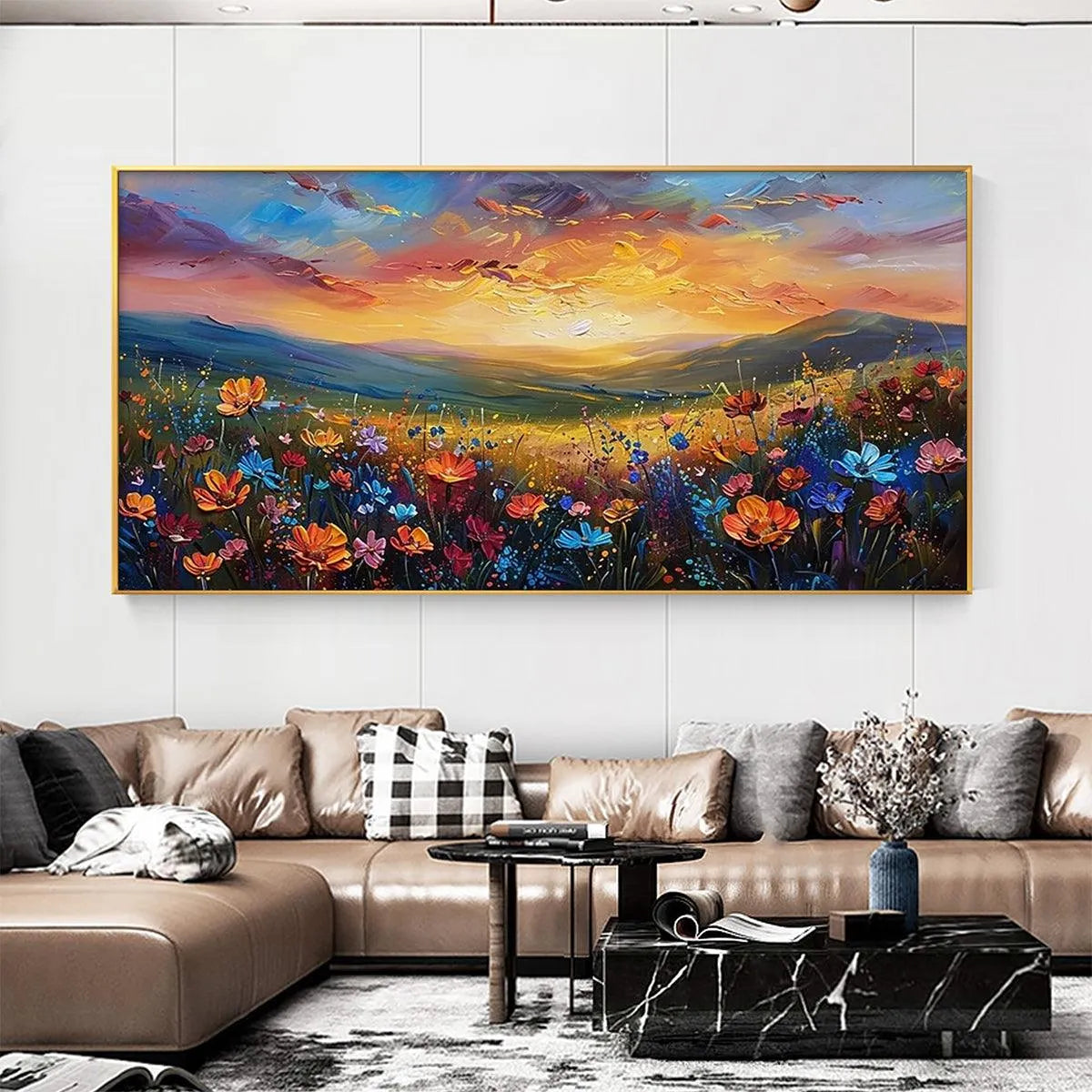 SUNSET SERENADE: Textured Floral Landscape Painting, Impasto Wall Art, Horizontal Canvas, Sunset Decor